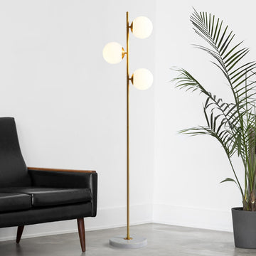 Modern Gold LED Globe Floor Lamp White Glass Shade Marble Base